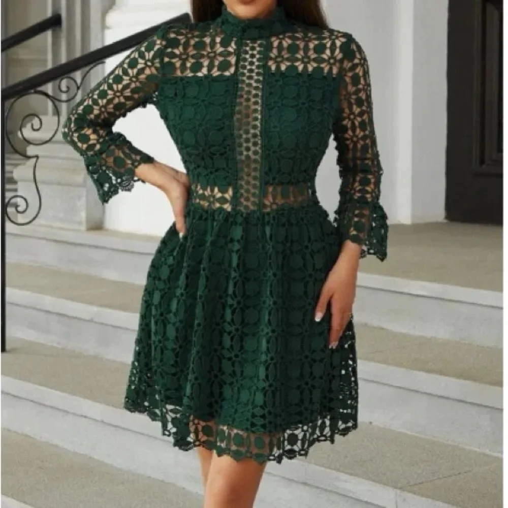 Classic Lace Frill Neck Long Sleeve Party Dress - Picture 12 of 13